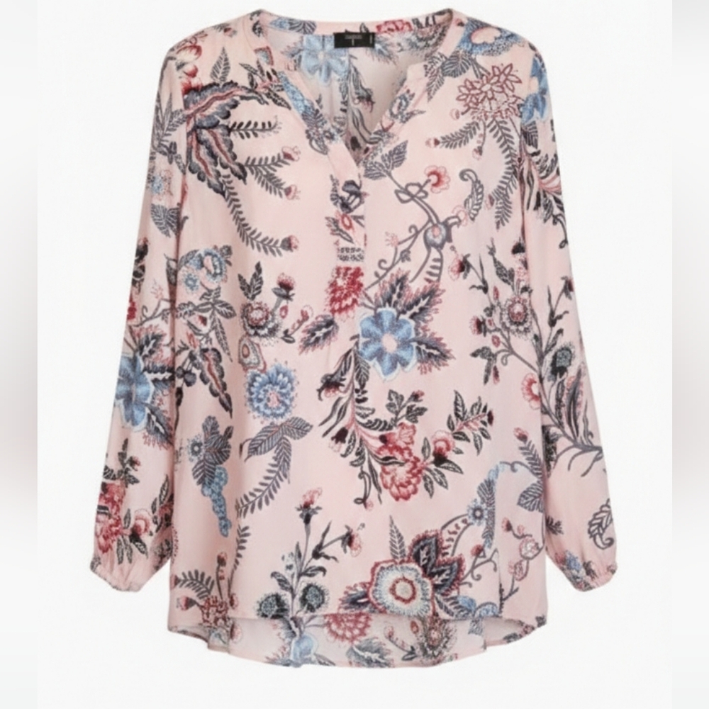 Tahari Woman 1X Floral Blouse Pink Blue V-Neck Long Sleeve